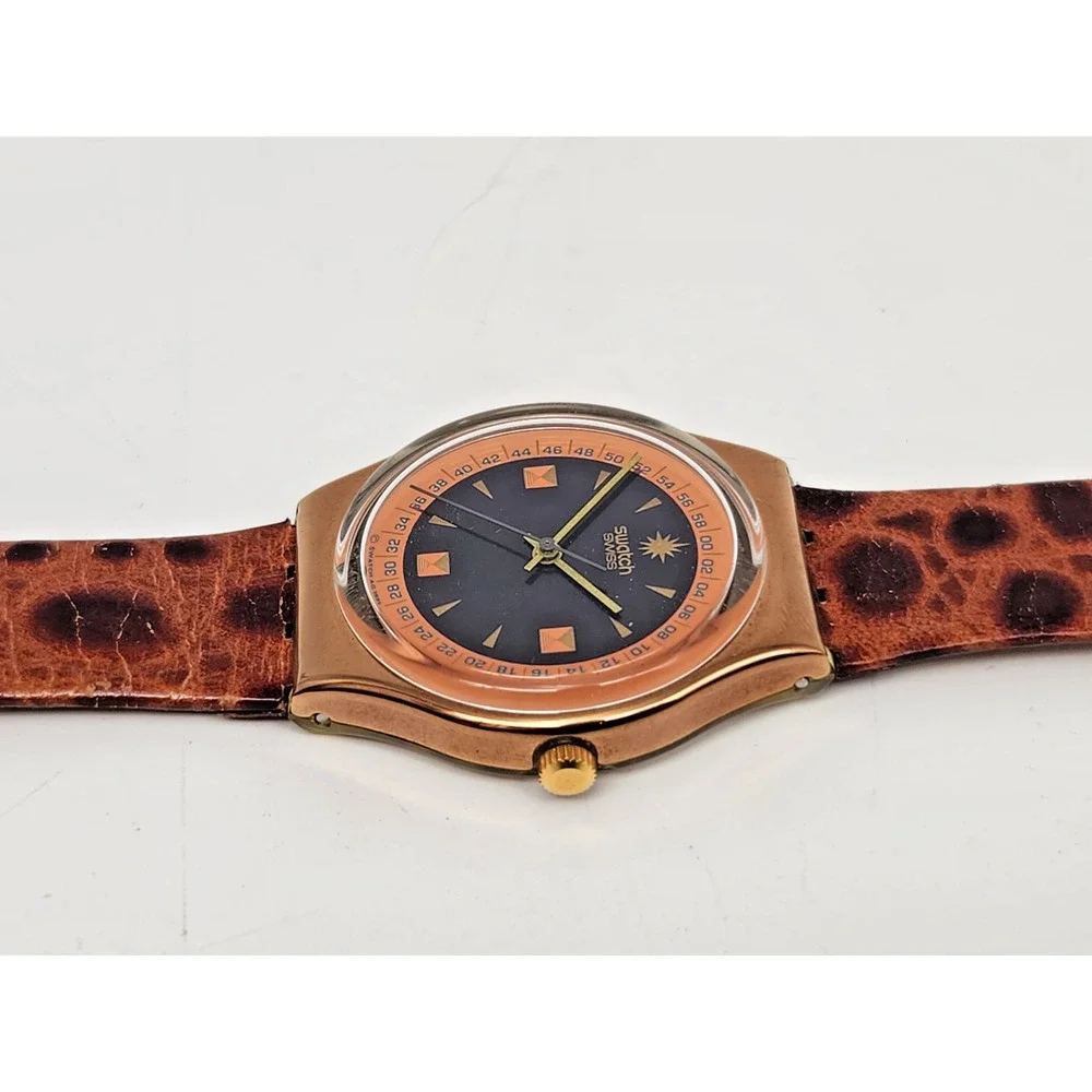 Vintage AG 1991 Swatch Watch Copper/Black Tone Leather Band Wt Case -New Battery